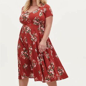 New Torrid Red Terracotta Floral Challis Button Midi Dress